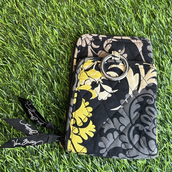 Vera Bradley Quilted Zip Wallet Black Gray Yellow Floral w/ Ring Pull - Picture 1 of 8